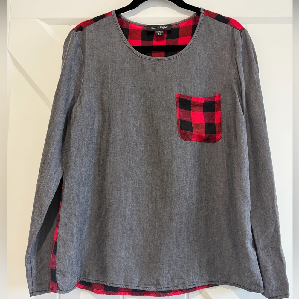 Charlie Paige Gray Shirt with Buffalo Red Plaid Accents